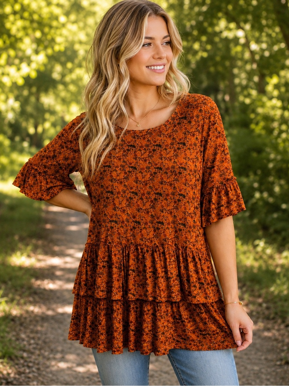 Matilda Jane Orange Blue Floral Peasant Tiered Ruffle Boho Blouse Flowy